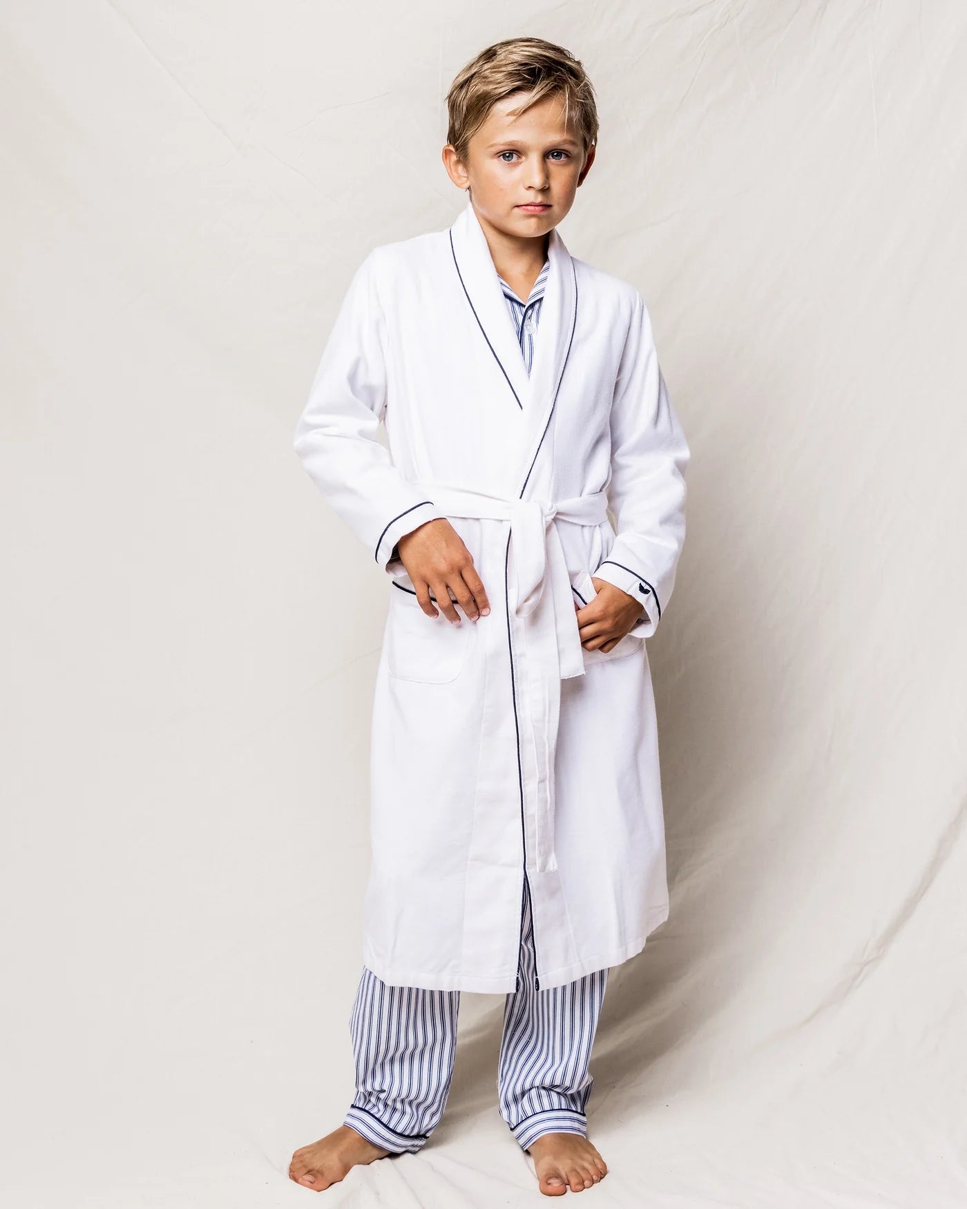 Kid's Flannel Robe in White with Navy Piping