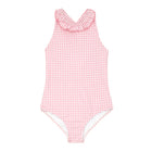 Girls Pink Guava Gingham Ruffle Neck One Piece With Back Bow Tie
