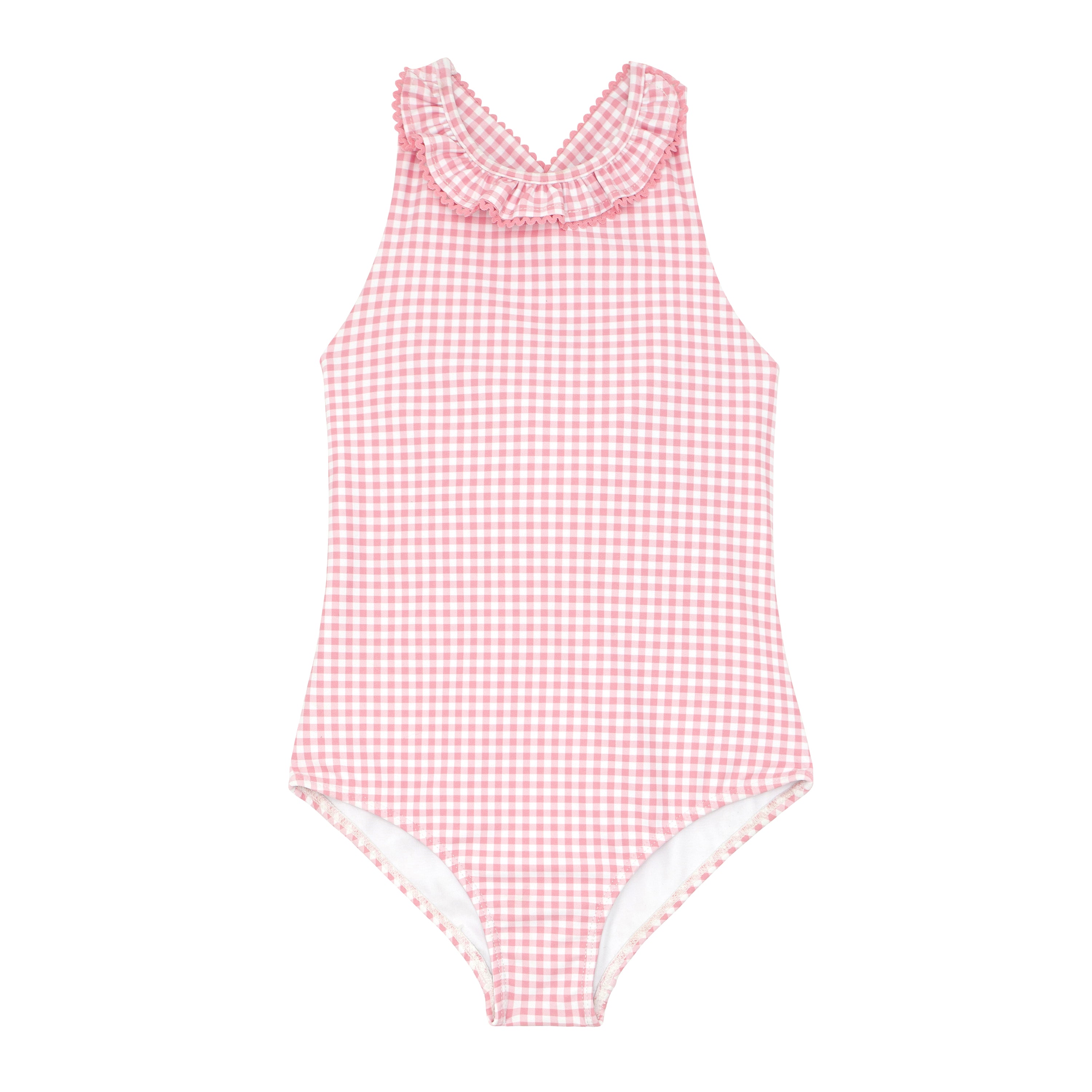 Girls Pink Guava Gingham Ruffle Neck One Piece With Back Bow Tie