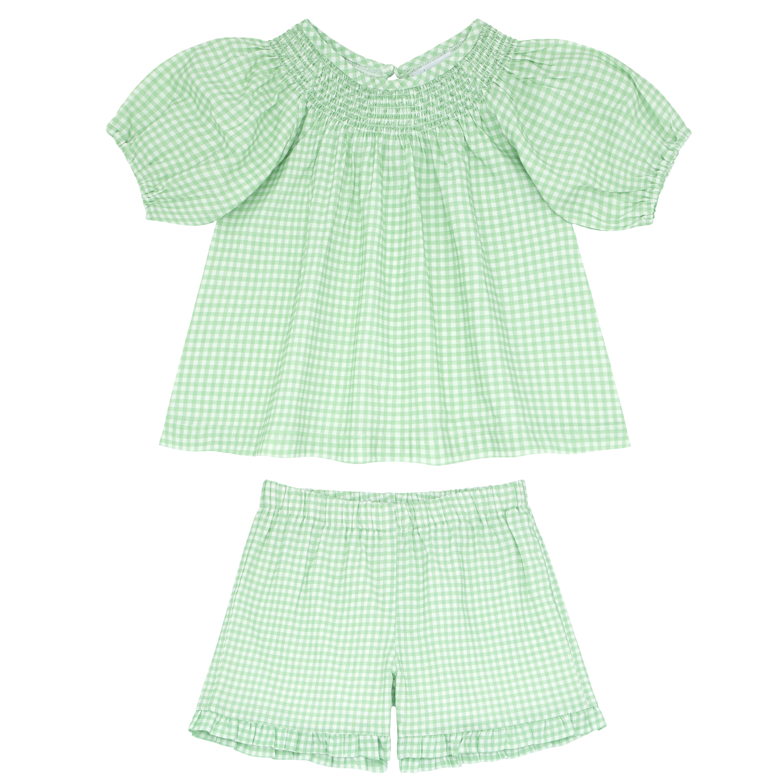 Girls Palm Gingham Smocked Sleeve Short Set