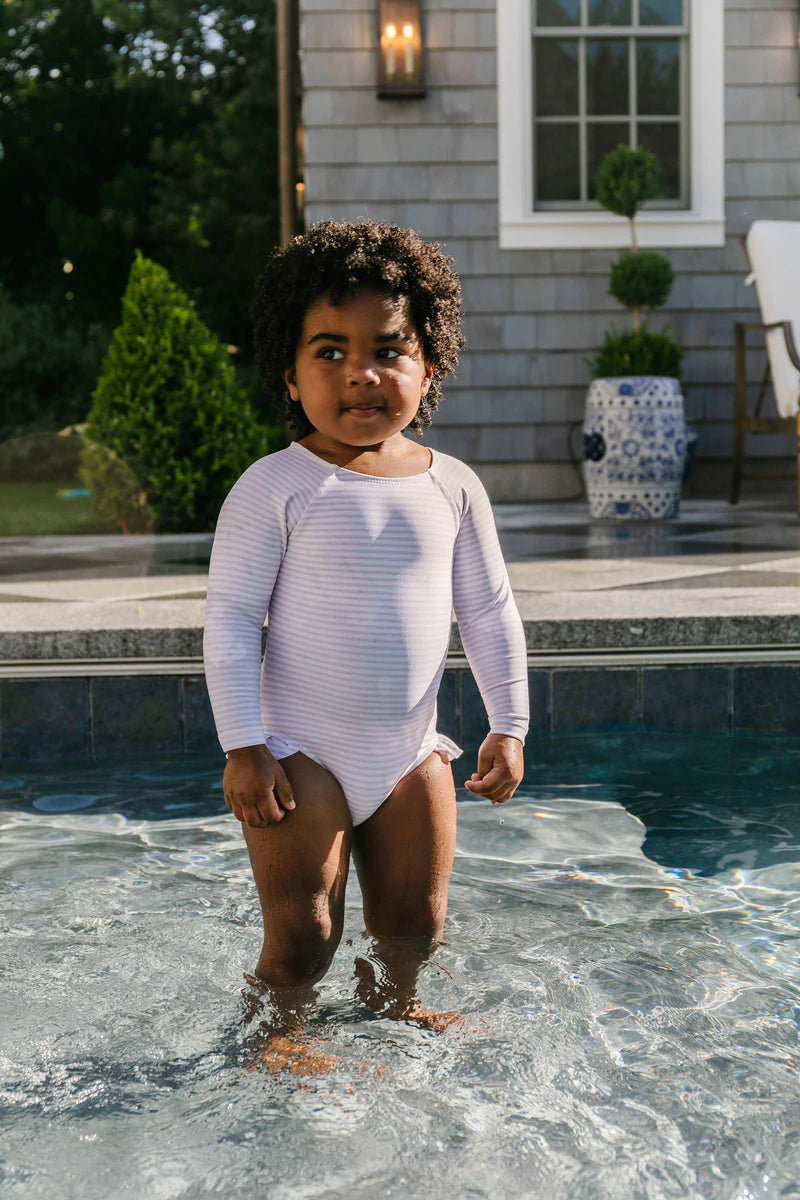 Girls Light Pink Stripe Rashguard One Piece
