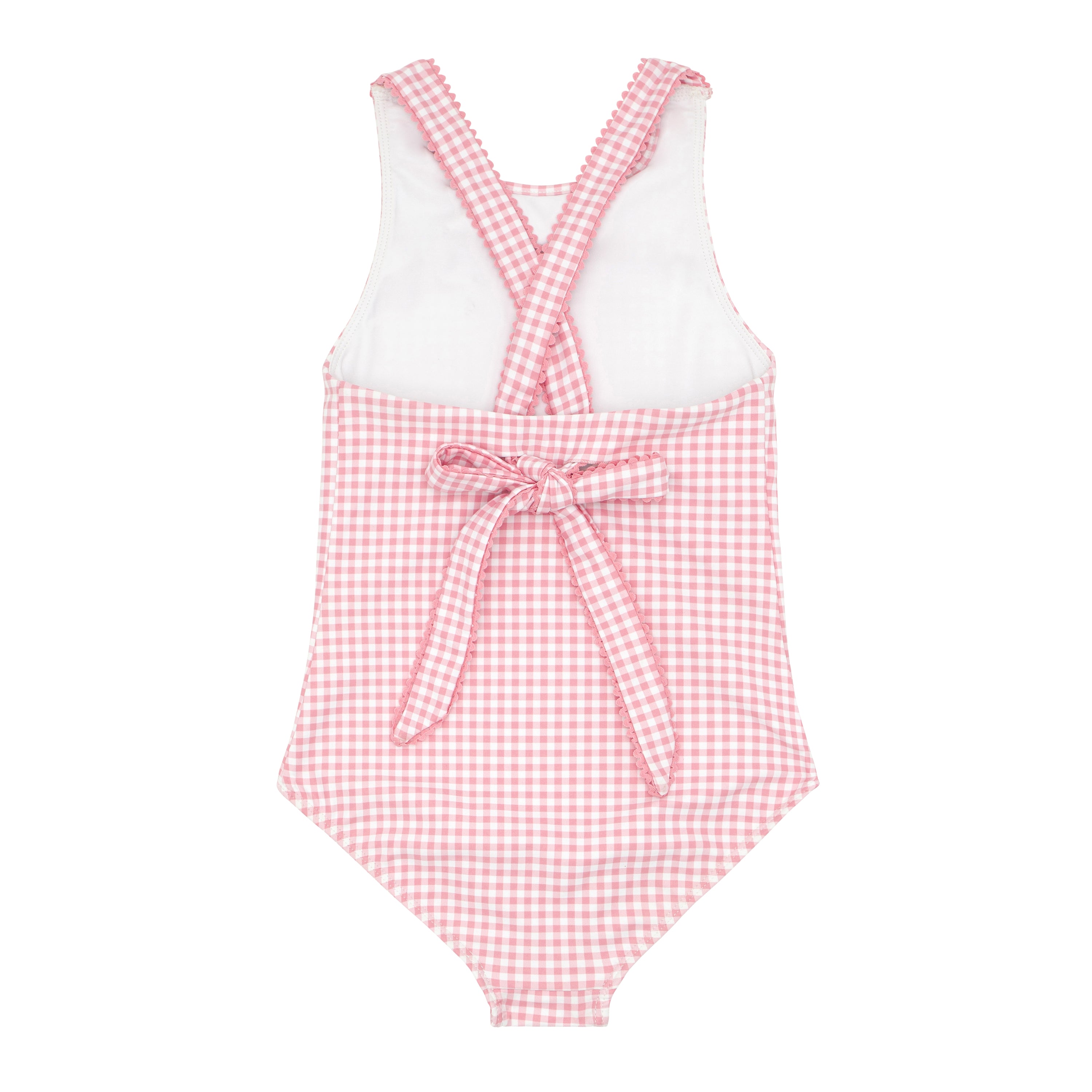 Girls Pink Guava Gingham Ruffle Neck One Piece With Back Bow Tie